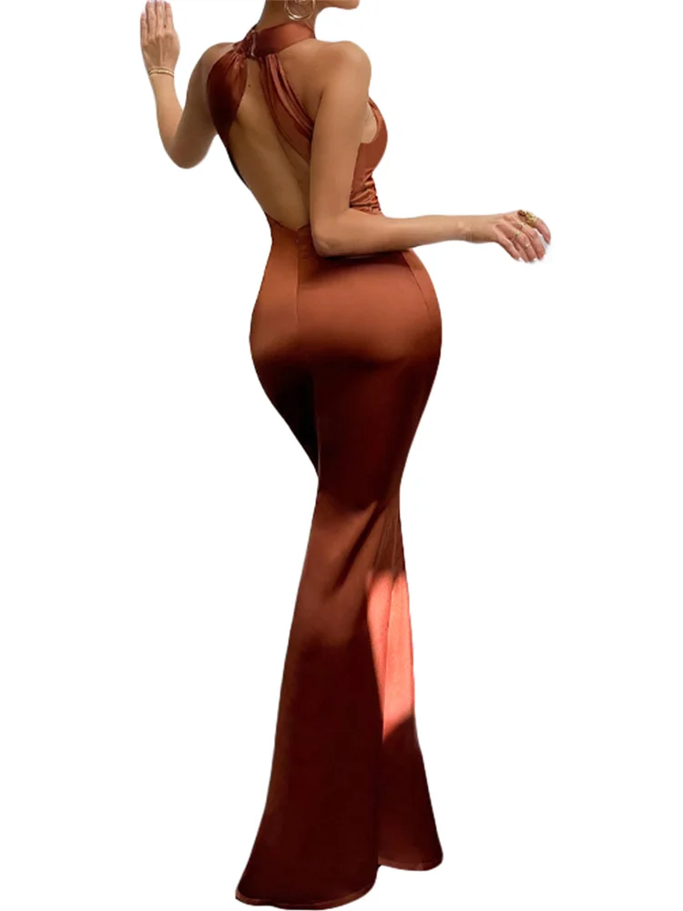 Women Long Dress Cross Halter Backless - Image 4