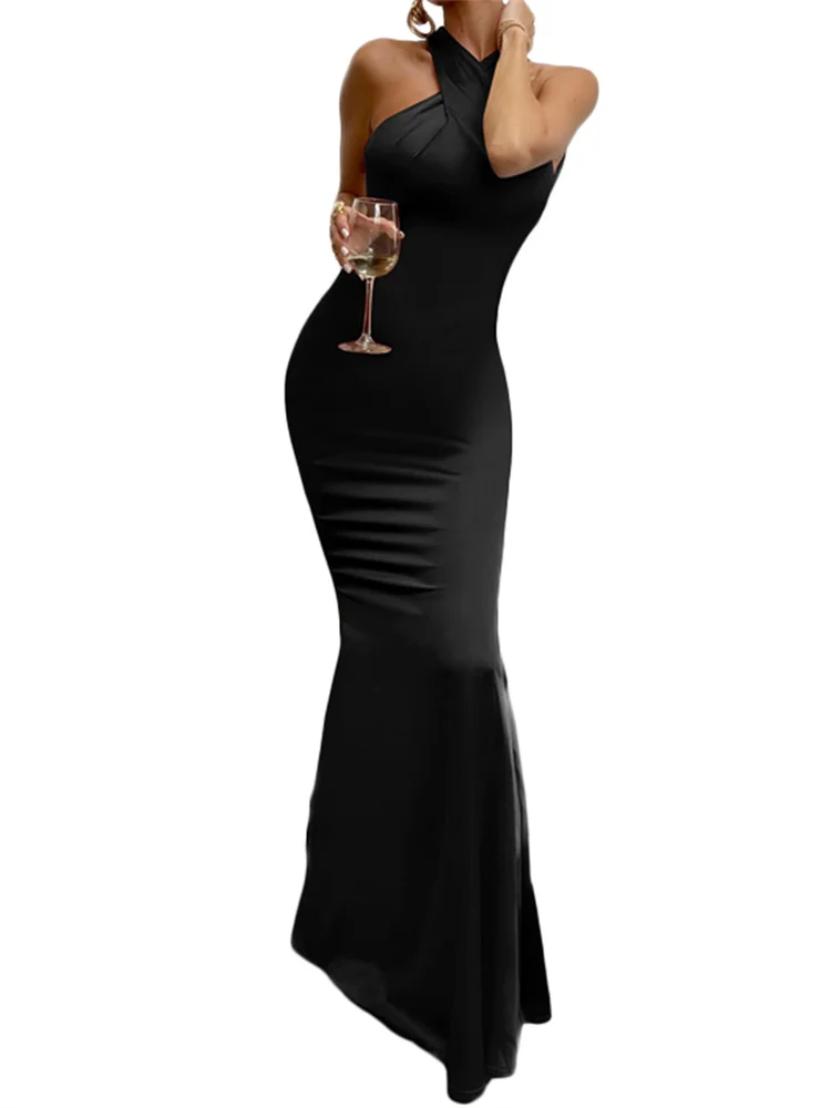 Women Long Dress Cross Halter Backless - Image 6