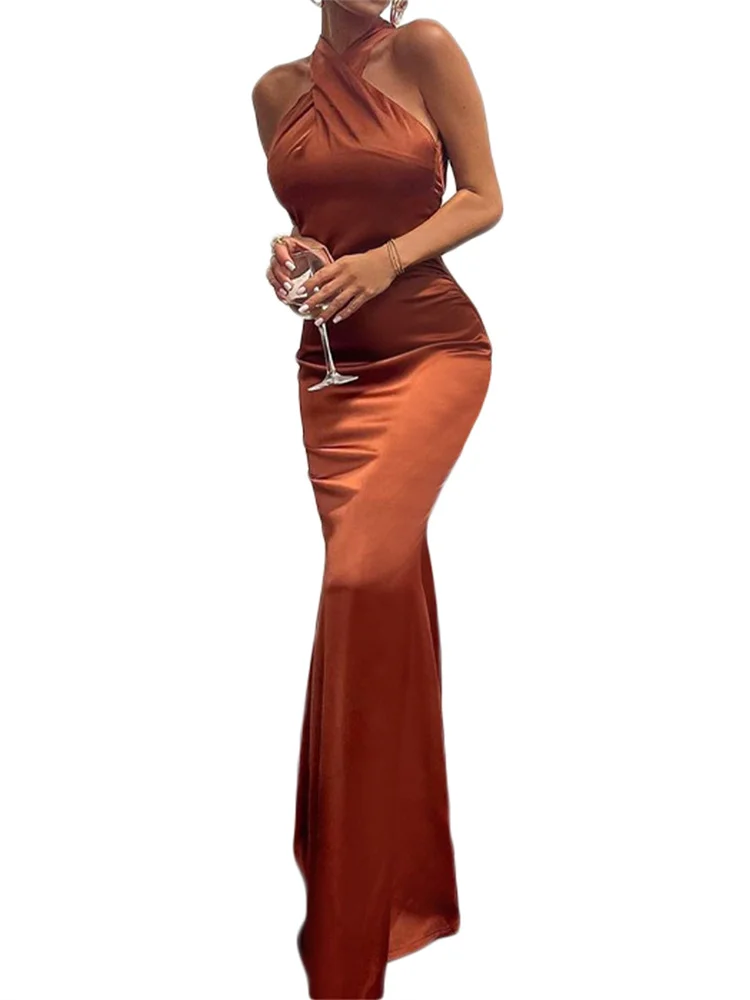 Women Long Dress Cross Halter Backless - Image 3